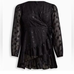 Torrid Black Asymmetrical Wrap Top with Bishop Sleeves